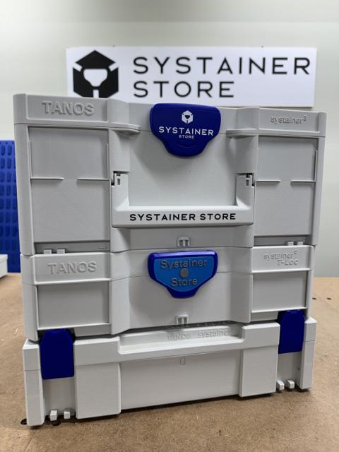 A Classic Systainer, a T-Loc Systainer, and a Systainer³ stacked together