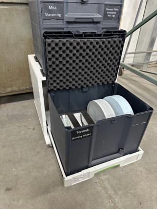Open Sortainer drawer labeled Tormek Grinding Wheels, storing grinding wheels in Kaizen foam