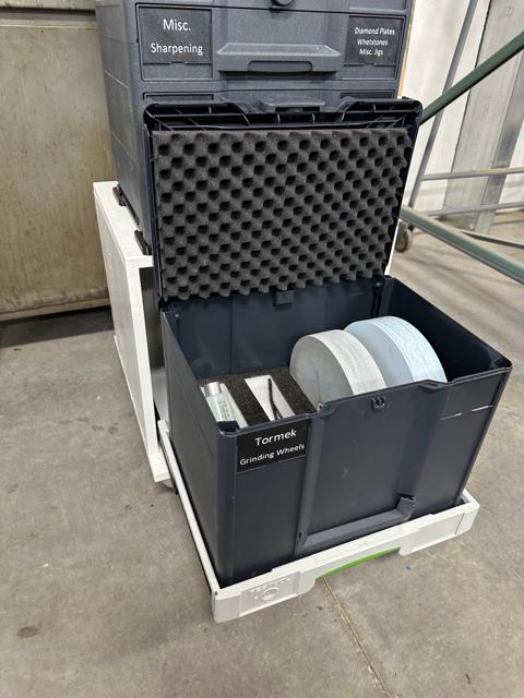 Open Sortainer drawer labeled Tormek Grinding Wheels, storing grinding wheels in Kaizen foam