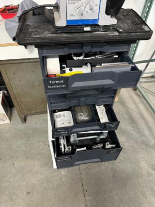 Open Sortainer drawers labeled Tormek Accessories, Misc. Sharpening, and Tormek Grinding Jigs, with tools organized in Kaizen foam