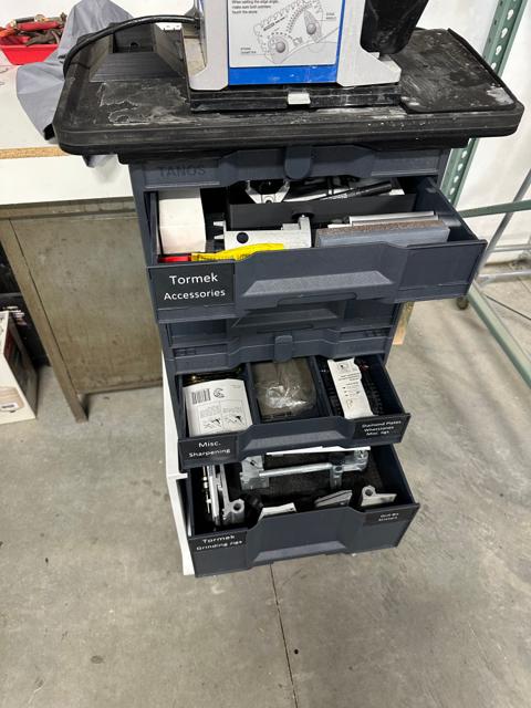 Open Sortainer drawers labeled Tormek Accessories, Misc. Sharpening, and Tormek Grinding Jigs, with tools organized in Kaizen foam
