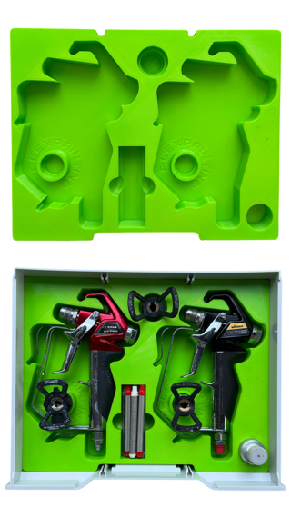 The empty 3D-printed two-gun drawer insert next to the same insert loaded with both spray guns