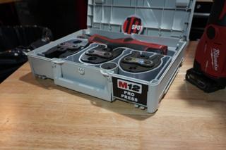 Front of the open Systainer³ M 112 showing a 3D printed M12 Pro Press label card in the front card slot